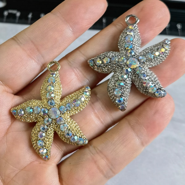 5pcs Rhinestone StarFish Pendant , 44x36mm Large Starfish Pendants  , Starfish Charms , Starfish Jewelry , Nautical Charms ,
