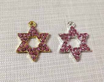 10pcs Pink Crystal Rhinestone Hanukkah Charms ,20x27mm Star of David Charms, Pink Star Charm ,Jewish Charm ,Star Pendant , David Star Charm