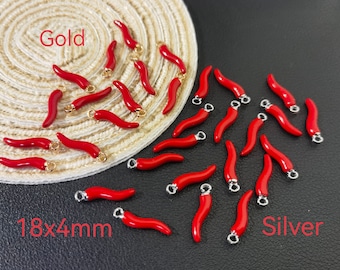 18x4mm Enamel Red Chili Charms ,Gold / Silver Plated Loop Chili Charms ,Enamel Pepper charm , Wholesale Lot of 10/30/50/100pcs, BA- 1348