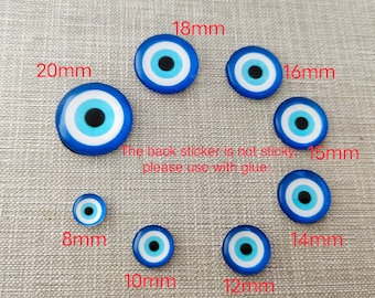 Cabujones redondos de vidrio con diseño de ojo malvado y calcomanías en la parte posterior (sin adherencia), cubiertas de cabujón de vidrio con forma de cúpula circular, cabujón de vidrio con parte posterior plana