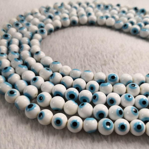 White Evil Eye Round Beads ,Glass Evil Eye Beads ,4mm 6mm 8mm 10mm Glass Round Beads For Jewelry Making , Protection Beads .
