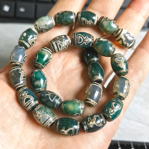 10x14mm Tibetan Agate Dzi Beads, Green and Brown Sacred Dzi Bead , Etched Dragon Dzi Beads Pattern Dzi Beads ,  ,25pcs Full Strands,AQ- 1291