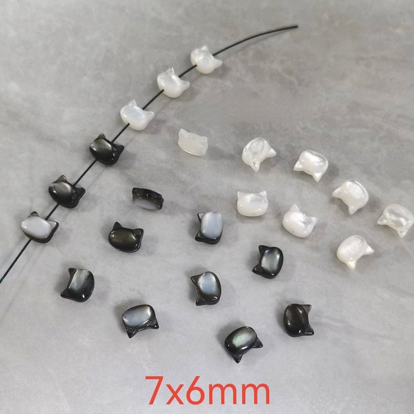 Natural Mother of Pearl Cat Beads, Top Drilled MOP Cat Head Beads ,Double Sided White Black Shell Cat Connectors ,Quantity Options ,BA- 1284