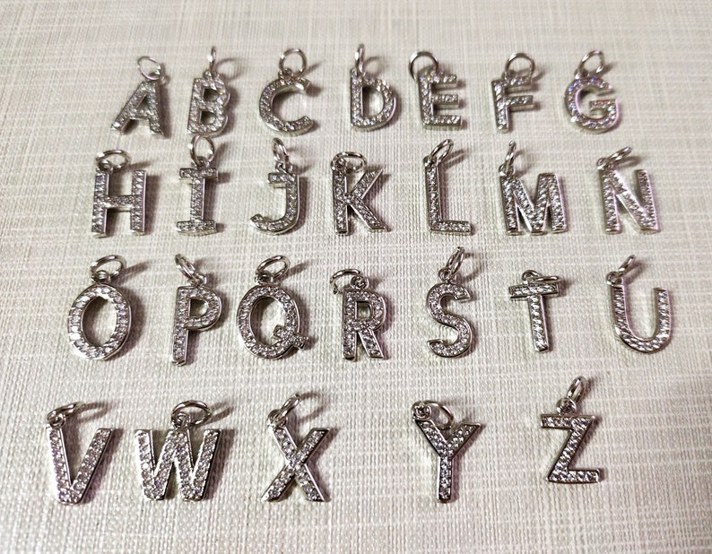 Z Alphabet letters Bulk Lot Options A 8 x 15mm,BA-239 Platinum Plated Initials Charm Micro Pave CZ Letter Charms CZ Pave letter Charm