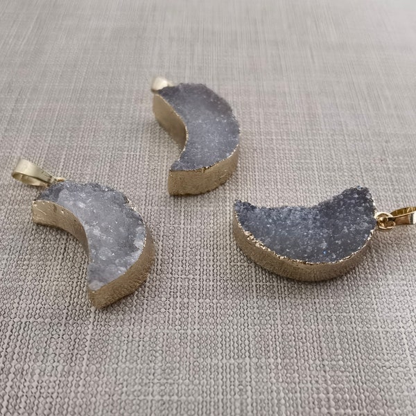 2 Pieces Natural Gray Druzy Agate Pendants , Moon Shape Natural Druzy Agate crystal Pendant , Moon Shape Pendant Charms ,BA-21