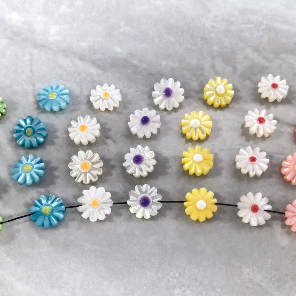 Parelmoer Daisy bloemkralen, dubbelzijdige bloemkralen, 10 mm gesneden madeliefjeskralen. Gat 0,8 mm, 7 kleuren en hoeveelheid optioneel, BA-776