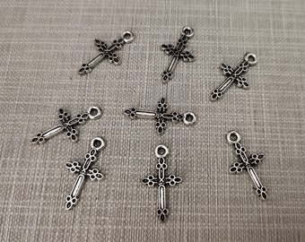 50pcs Double Sided Cross Charms ,10x19mm Antique Silver Cross Jewelry ,Mini Cross Charm ,Findings , BA-494