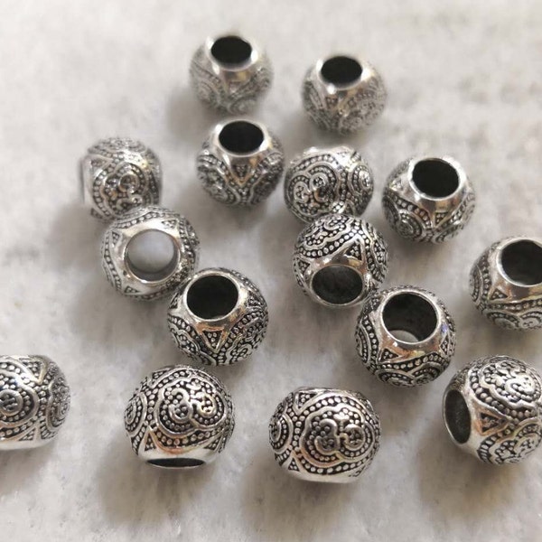 20pcs Perles d’espacement à grand trou, perles de style tibétain de 10 mm, perles tibétaines, perles d’argent antiques, perles d’espacement en métal, trou 4,5 mm, BA448