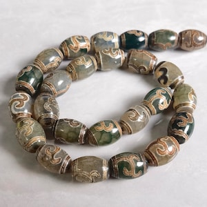 10x14mm Ancient Green Tibetan dzi beads , 25pcs Religious Beads , Tibetan Agate Beads ,Rice Dzi Beads for Jewelry Making , AQ- 882