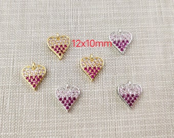 2 Stück Micro Pave CZ Herz Charms, Platin überzogen / Gold Herz Charms, 12 x 10 mm Pave CZ Herz Schmuck Charms, BA 674