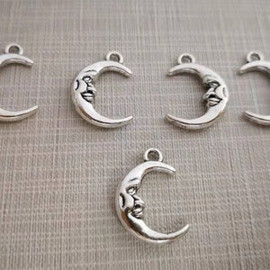 30Pcs  Antique Silver Moon Face Charms , Double Sides Half Moon Charms, 15x22mm Moon Pendant ,Night Charms, Findings