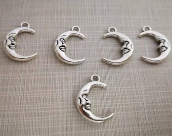 30Pcs  Antique Silver Moon Face Charms , Double Sides Half Moon Charms, 15x22mm Moon Pendant ,Night Charms, Findings