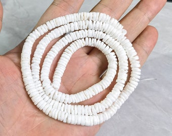 24" White Natural Shell Heishi Beads , 5.5mm White Clam Heishe Puka Shell , Shell Rondelle Beads ,Irregular Shell Beads, BA- 1321