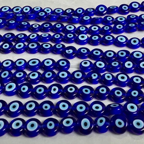 Navy Blue Evil Eye Flat Round Beads ,Greek Evil Eye Beads , 4mm 6mm 8mm 10mm 12mm Luky Eye Beads for Jewelry Making , 14” Strand ,BA- 1244