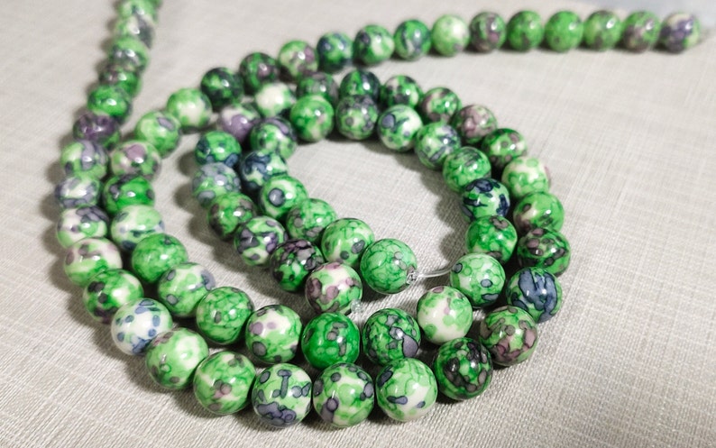 Semi Precious Stone Beads BA-177 Wholesale 6m 8mm 10mm Smooth Round Stone Beads 1 Full Strand Green and Gray Rain Flower Stone Beads