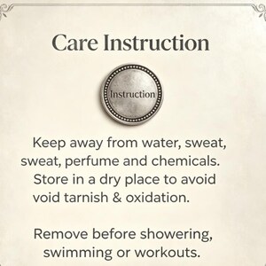 May include: A square card with a decorative border featuring the text Care Instruction at the top, a circular silver-toned icon with the word Instruction in the center, and text advising to keep away from water, sweat, perfume, and chemicals.