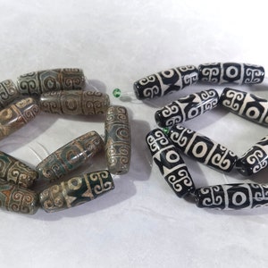 3 Eye Tibetan DZI Beads, Antique Green -Black Agate DZI Beads ,10x30mm Tibetan Religious Beads for Jewelry Making , 5 - 30pcs ,AQ- 522