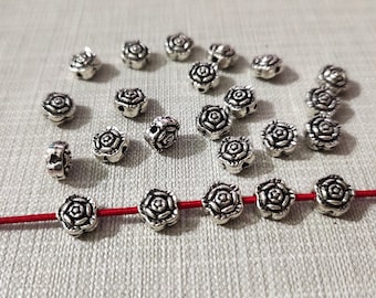 50pcs Double Sided Rose Beads ,Rose Bud Flower Spacer Beads ,4x7mm Spacer Beads ,Antique Silver Tone Rose Beads