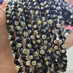 Schwarze Blume Runde Perlen , Millefiori Glasperlen , 6mm 8mm 10mm Glas Runde Perlen zur Schmuckherstellung ,HA-543