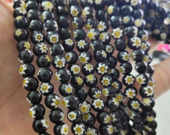 Perles rondes de fleur noire, perles en verre de Millefiori, 6mm 8mm 10mm perles rondes en verre pour la fabrication de bijoux, HA-543