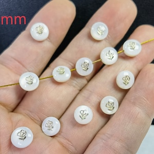 8mm Mother Of Pearl Rose Beads ,Puff Round With Golden Rose Charm ,Double Sided Flower Beads ,Hole 0.8mm, QTY 10-100pcs Optional,BA- 1520