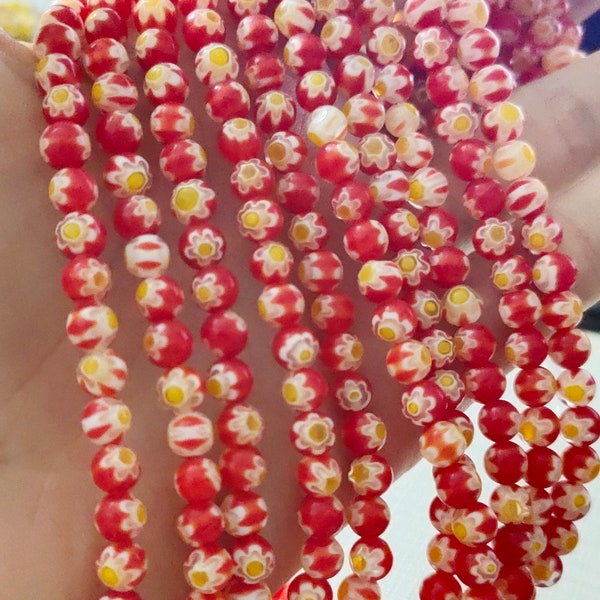 Red Yellow Flower Round Beads , Millefiori Glass Beads , 6mm 8mm 10mm Glass Round Beads for jewelry making ,HA-546