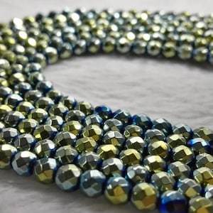 1 フルストランド 6 mm 8 mm 10 mm アクアヘマタイトビーズ、ヘマタイトファセットラウンドビーズ、アイリスヘマタイトラウンドビーズ、ビーズストランド、卸売ビーズ