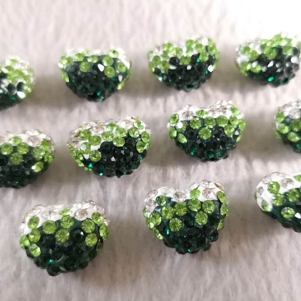 20 - 50pcs Heart Pave Beads, Rhinestones Beads ,Heart Rhinestone Disco Balls , Green Polymer Clay Beads ,Bracelet Beads Jewelry Supplies