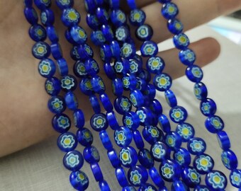 8mm 10mm platte ronde millefiori glazen kralen, donkerblauw en geel bloempatroon spacer kralen, glas losse kralen voor het maken van sieraden, BA741