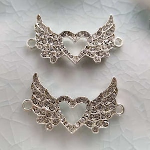 10pcs Rhinestone Angel Wing Heart Connector ,23x42mm Angel Wing Pendant , Wing Connector ,Wing Necklace ,Silver Heart Pendant ,Wholesale