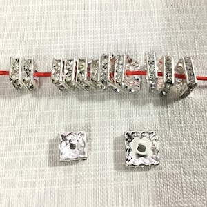50 - 100pcs Clear Rhinestone Square Spacer Beads ,Rhinestone  Beads ,6mm / 8mm / 10mm  Silver Square Spacer Beads ,
