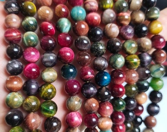 1 Full Strand 6 - 12mm Multicolor Tiger Eye Round Beads , Tiger Eye loose beads , Smooth Round Tiger Eye Gemstone Beads  , Findings , RA-420