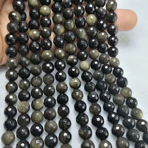 Natural Golden Obsidian Faceted Round Gemstone Beads ,Golden Rainbow Obsidian Polished Round Beads ,6-10mm ,15” Strand ,QA- 1235
