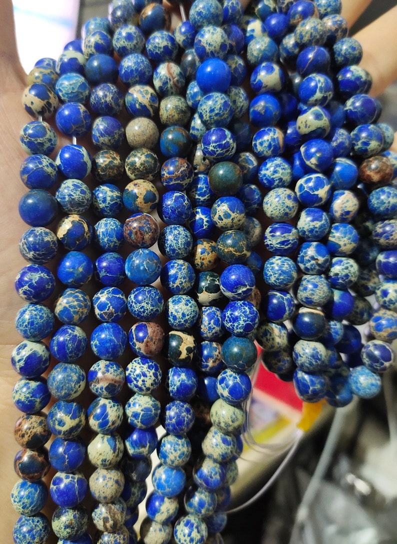 Blue Gemstone Spacer Beads 1 Full Strand 6mm 8mm 10mm Natural Sea Sediment Jasper Beads Imperial Impression Jasper Beads PA-428