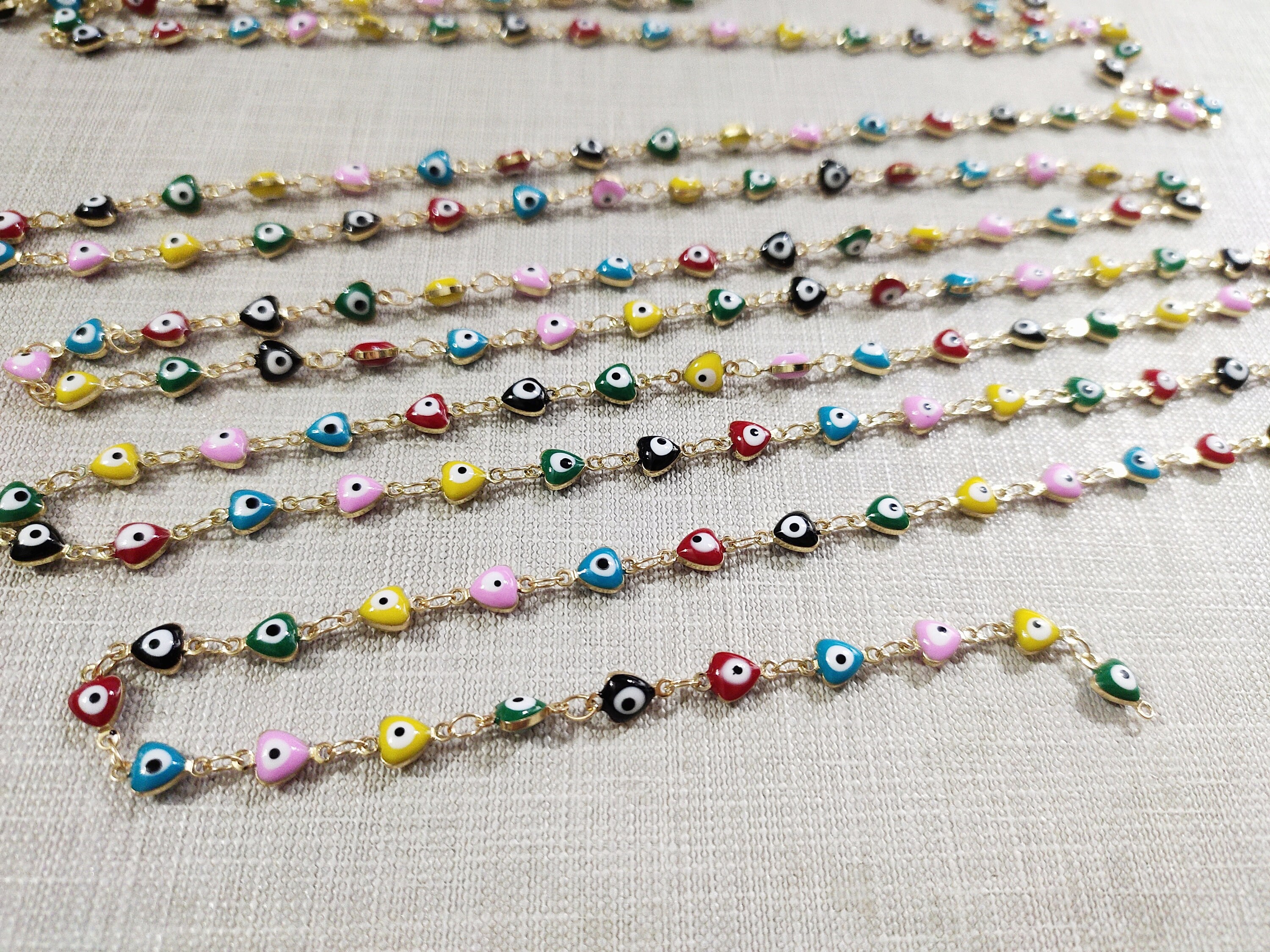 1 - 10 Meters Gold Plated Heart Evil Eye Chain ,multicolor Evil Eye ...