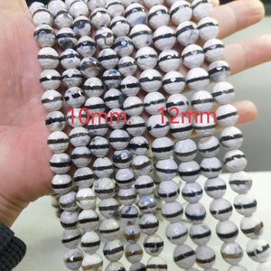 15” Black Line Agate Round Beads , 10mm 12mm Tibetan Dzi Beads ,White Agate Beads ,Black Striped Dzi Beads ,AS- 1433