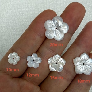 Puede incluir: Una colección de adornos blancos en forma de flor, de varios tamaños, que van desde 10 mm hasta 20 mm de diámetro. Cada flor tiene cinco pétalos y un agujero central, ideal para manualidades o joyería.