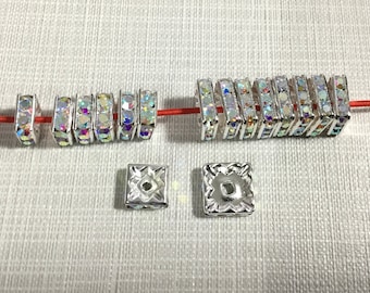 50 - 100pcs Crystal AB Spacer Beads, Strass Square Spacer Beads, Rhinestone Beads, 6mm 8mm 10mm Silver Square Spacer Beads,