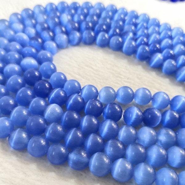 1 Full Strand Blue Cat's Eye Round Loose Beads , Cat Eye Beads , 6mm 8mm 10mm Smooth Round Semi Precious Stone Beads for Jewelry Making