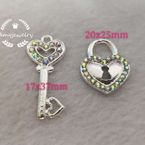 Pave Crystal Heart Lock and Key Pendant, Rhinestone Charms Pendant ,Lager Key Lock Pendant, 5pcs/5sets Wholesale