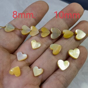 May include: A close-up of a hand holding a string of heart-shaped shell beads. The beads are in two sizes, 8mm and 10mm. The beads are a pale yellow color with a pearly sheen.