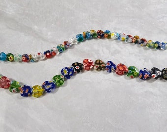 Millefiori Heart Flower Glass Beads , Multi Color Heart Beads , Colorful Murano Flower Beads ,8 - 12mm , 14” Full Strand ,Hole 1mm ,BA- 1003