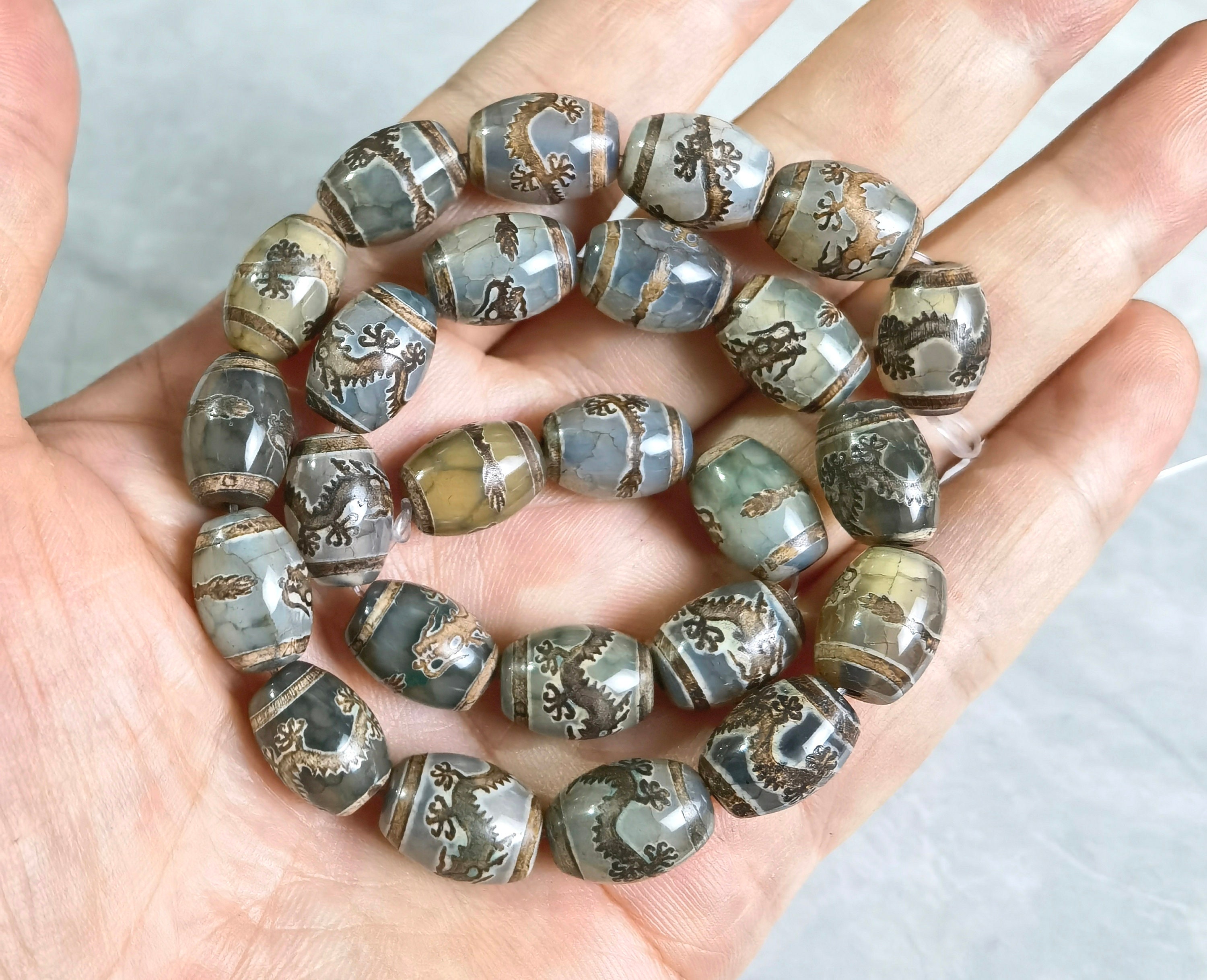 10x14mm Dragon Dzi Beads, Green and Brown Sacred Dzi Bead ,etched