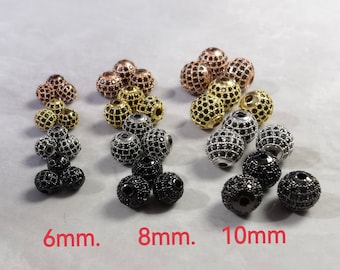 6mm 8mm 10mm Cubic Zirconia Micro Paved Beads ,Black CZ Micro Pave Ball Beads , Ball Space Beads ,Disco Ball Beads ,5-50pcs ,BA- 237