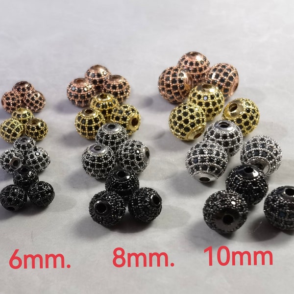 Microperles pavées de zircone cubique 6 mm 8 mm 10 mm, Micro-billes pavées CZ noires, Perles sphériques, Perles boules disco, 5-50 pièces, BA-237