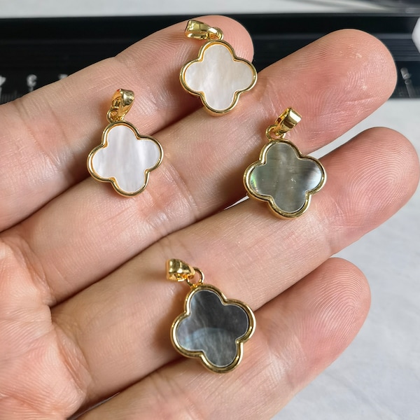 14x17mm Gold Plated Over Brass Four Leaf Clover Charm , Mother of Pearl Four Clover Pendant , Two Color Available ,2 -50pcs, BA- 1212