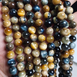 1 Full Strand 6 - 12mm Yellow Blue Tiger Eye Round Beads , Multicolor Tiger Eye loose beads , Smooth Round Tiger Eye Gemstone Beads , RA-421