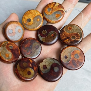 Cuentas de ágata Dzi tibetana de Tai Chi de 30 mm, cuentas Dzi tibetanas de 10 piezas, cuentas en forma de moneda Yin Yang, cuentas de ágata china Yin Yang, piedras preciosas naturales, AR1