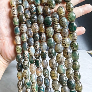 12x16mm Ancient Green Tibetan dzi beads , 20pcs Religious Beads ,Agate Mara Prayer Beads , Tibetan Agate Beads for Jewelry Making , AQ- 1278