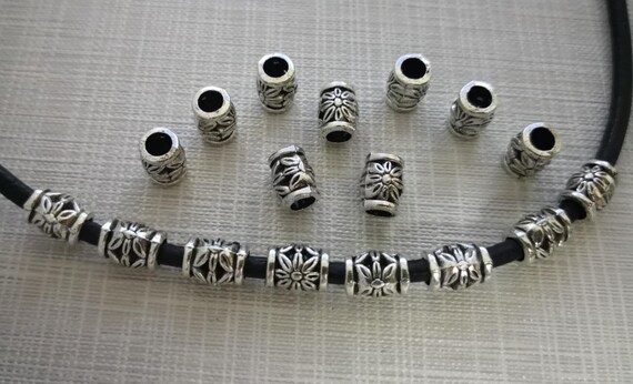 30pcs Antique Silver Barrel Beads , Metal Spacer Drum Beads ,Floral Pattern Spacer Beads ,Large Hole Beads, 7x9mm Metal Barrel Beads ,